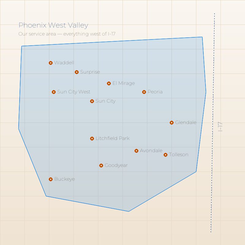 Map of the Phoenix West Valley service area, covering the twelve cities west of Interstate 17